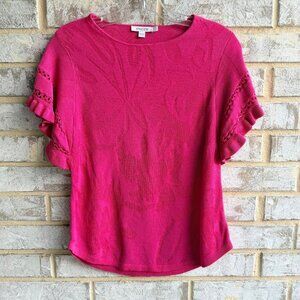 Chico's Ruffled Short Sleeve Round Neck Textured Stretch Pink Blouse  Size 0 (S)